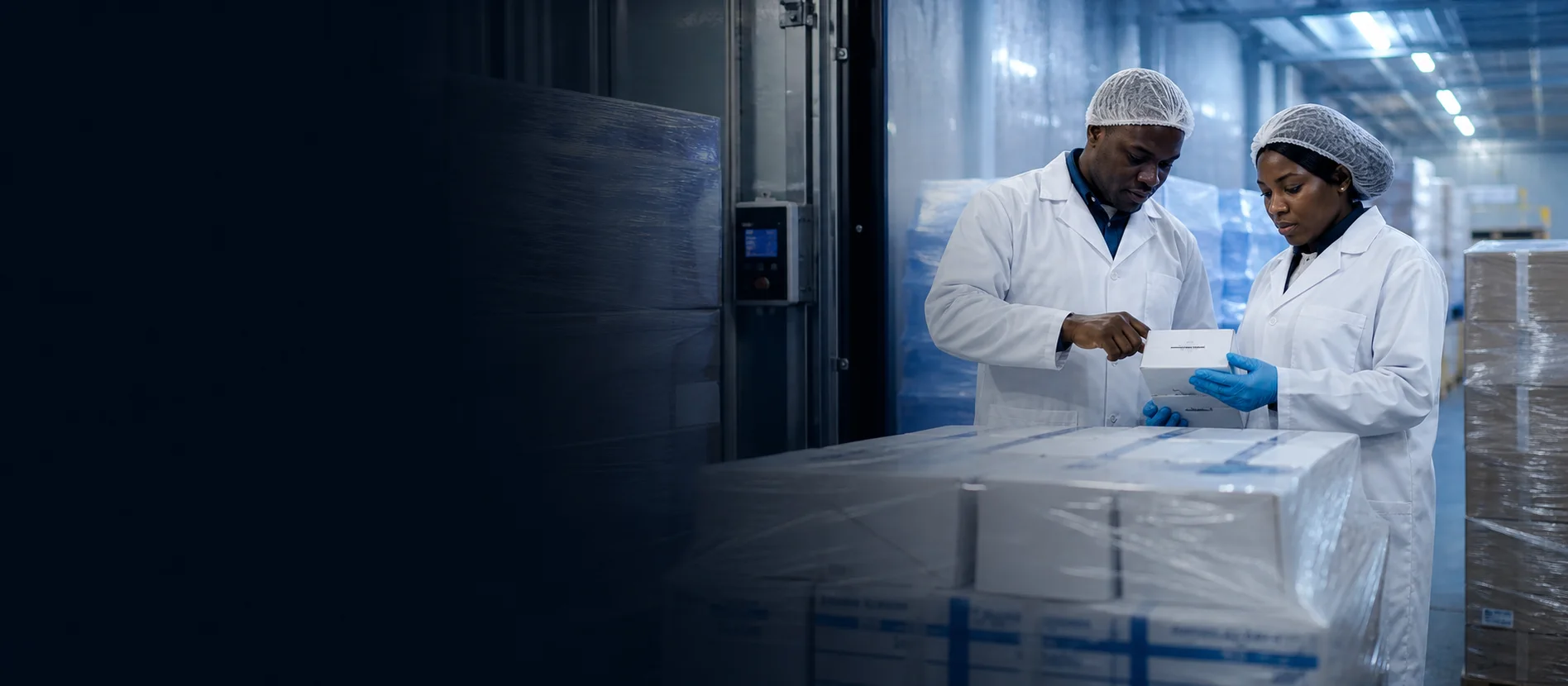 Équipe contrôlant des produits dans un entrepôt frigorifique