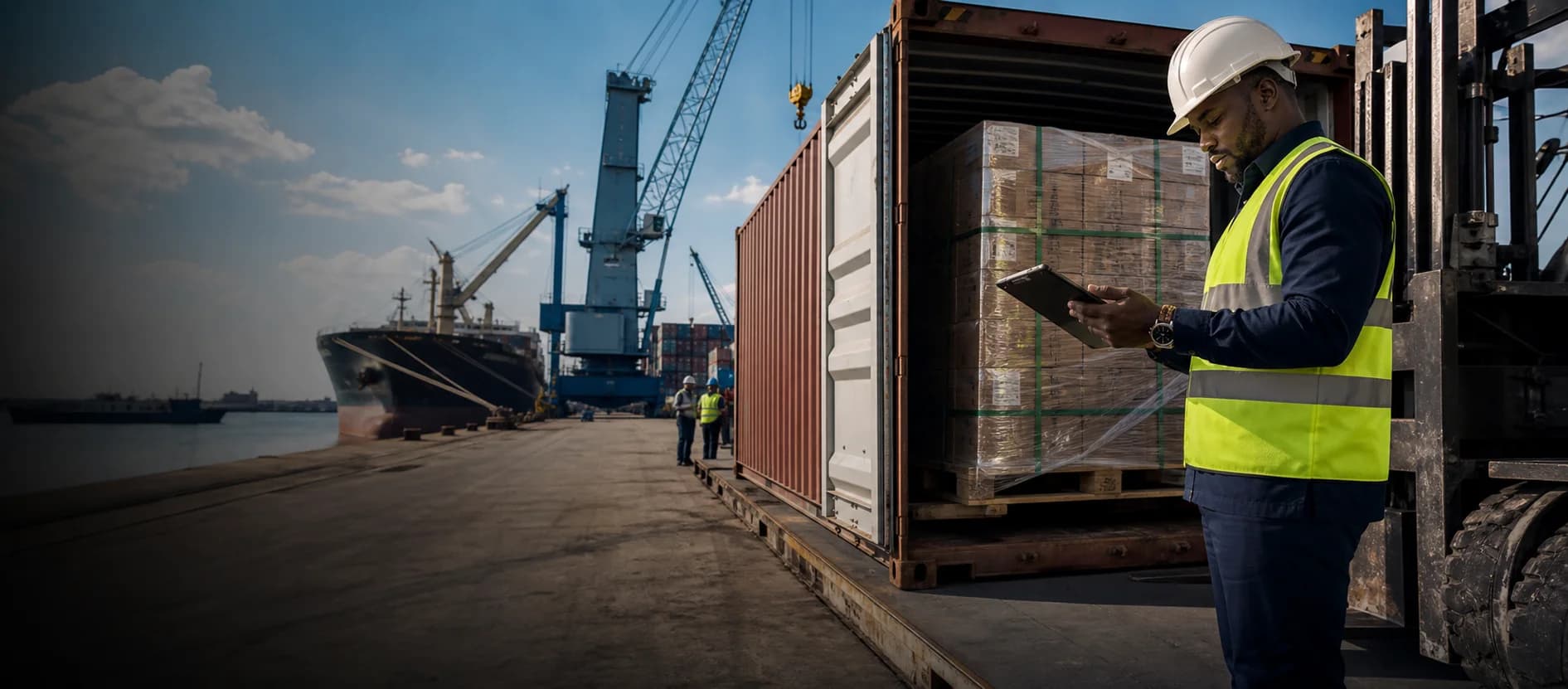 Chargement de palettes dans un conteneur au port