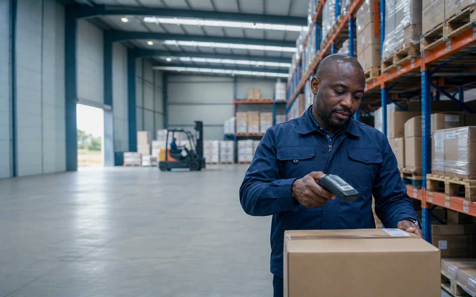 Responsable d’entrepôt scannant un colis dans un centre de distribution moderne